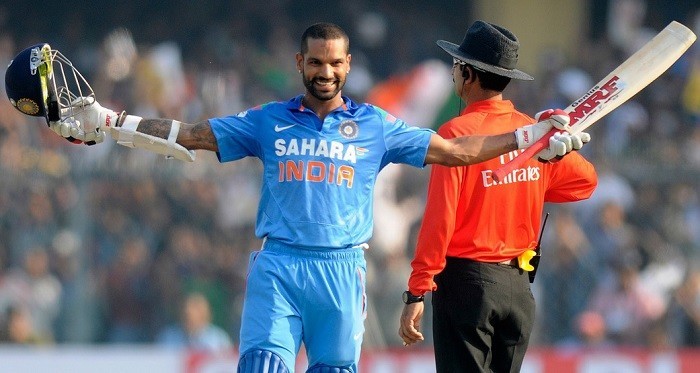 India opener Shikhar Dhawan celebrates after reaching his hundred against the West Indies. BCCI Shikhar Dhawan India