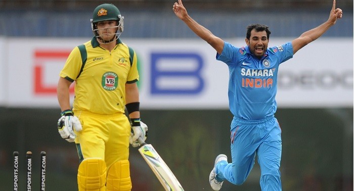 Mohammed Shami celebrates the wicket of Australia opener Aaron Finch in the fourth ODI in Ranchi, October 23. BCCI Official Website Mohammed Shami India Finch Australia