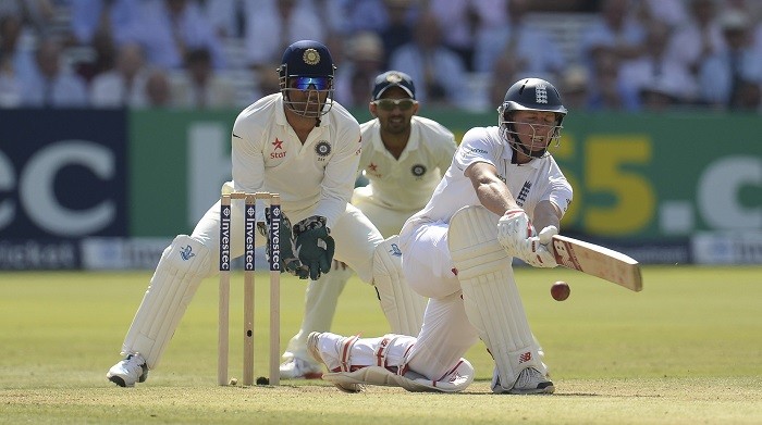 England batsman Gary Ballance sweeps during his wonderful century against India in the second Test Gary Ballance England MS Dhoni India