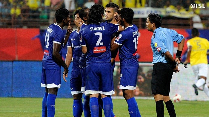 Chennaiyin players celebrate the winner scored by Bruno Pelissari Bruno Pelissari Chennaiyin