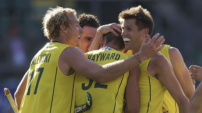 Australian players celebrates after scoring against Argentina in the semifinals. Australian Team
