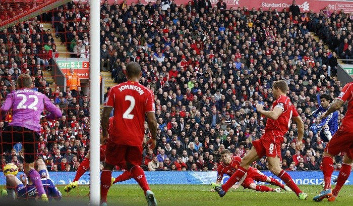 Diego Costa fires home the winner for Chelsea against Liverpool in their English Premier League game Diego Costa Chelsea Liverpool