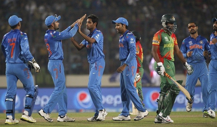 India players celebrate the wicket of Bangladesh batsman Shakib Al Hasan. India Bangladesh Shakib