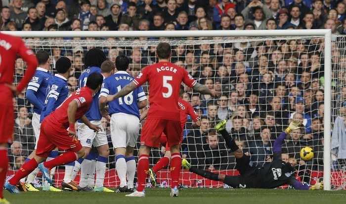 Luis Suarez scores Liverpool's second goal. Reuters Liverpool Suarez Everton