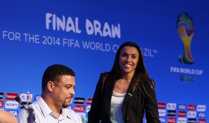 Brazil legends Marta and Ronaldo during a press conference ahead of the FIFA 2014 World Cup Draw. Reuters Marta Ronaldo Brazil