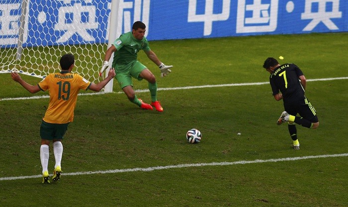 David Villa scores a brilliant winner against Australia, 23 June David Villa Spain Mat Ryan Australia