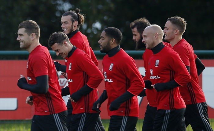 Wales players attend a training session, October 5, 2016 Wales