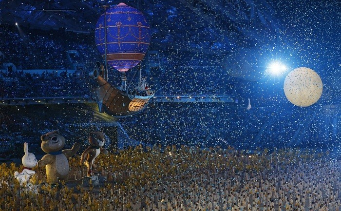 Performers, large mechanized Olympic mascots and a vessel suspended in the air take part in the closing ceremony for the 2014 Sochi Winter Olympics, February 23. Reuters. Sochi 2014