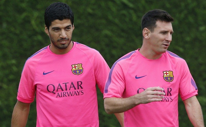Luis Suarez and Lionel Messi during a training session for Barcelona Luis Suarez Lionel Messi Barcelona