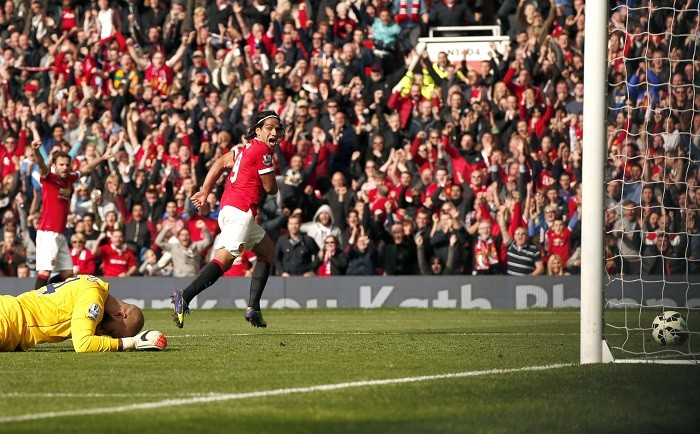 Radmael Falcao celebrates after scoring his first Manchester United goal in the English Premier League game against Everton Everton Tim Howard Radamel Falcao Manchester United