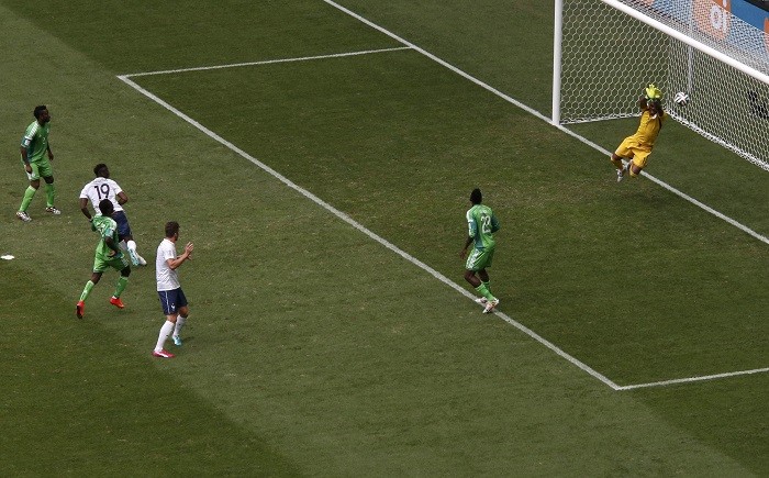 Nigeria goalkeeper Vincent Enyeama makes a brilliant reflex save to deny France midfielder Paul Pogba in the first half Paul Pogba France Vincent Enyeama Nigeria