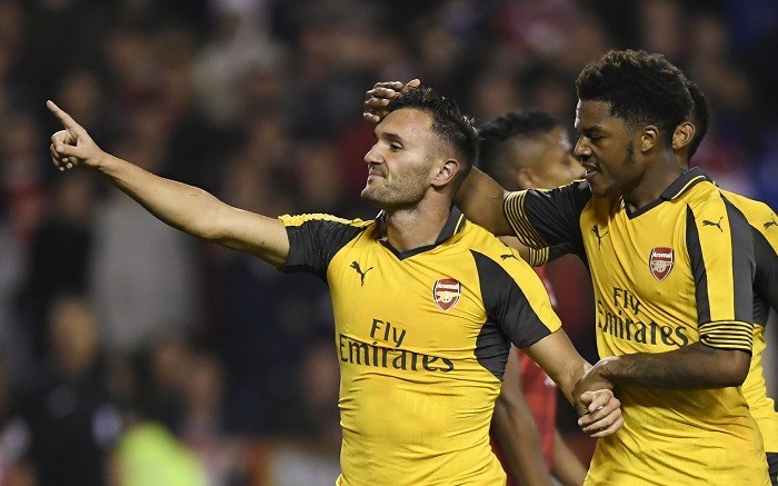 Arsenal striker Lucas Perez celebrates with Chuba Akpom after scoring against Nottingham Forest in the EFL Cup third round, September 20, 2016 Lucas Perez Chuba Akpom