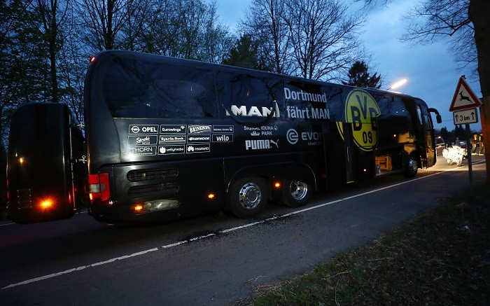 Borussia Dortmund team bus after the explosions Borussia Dortmund, team bus, explosion, Champions League, Marc Bartra