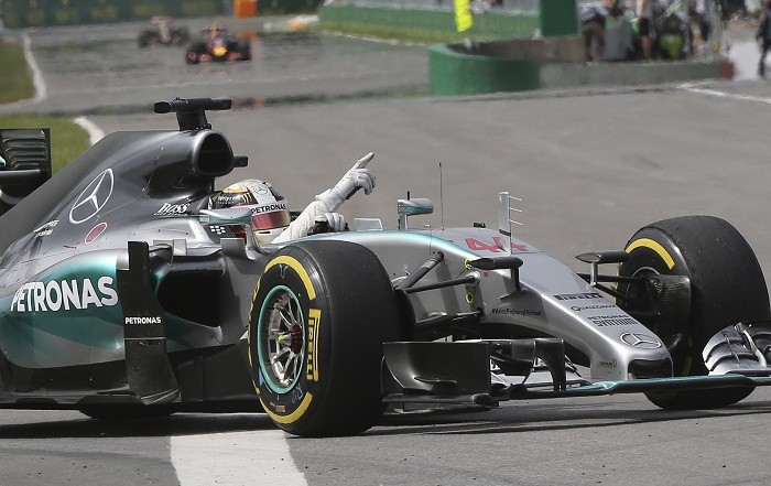 Lewis Hamilton celebrates after coming first in the Canadian Grand Prix Lewis Hamilton Mercedes Canadian GP