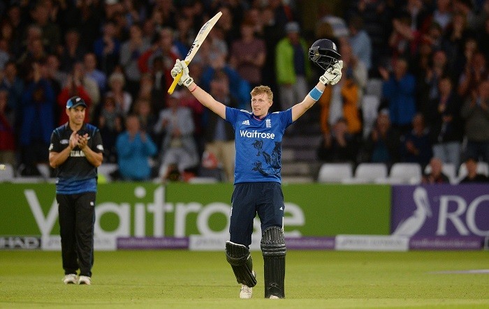 Joe Root celebrates after reaching his century in the 4th ODI against New Zealand. Joe Root