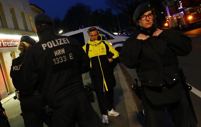 Borussia Dortmund player Felix Passlack after the explosions as the German police investigate, April 11, 2017 Borussia Dortmund, team bus, explosions, Felix Passlack, German police