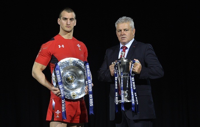 Sam Warburton, captain of Wales (L) poses with the Six Nations trophy with Warren Gatland, coach of Wales, holding the Triple Crown trophy during the launch of the Six Nations rugby championship at the Hurlingham Club, 22 January. Reuters Sam Warburton Warren Gatland Wales