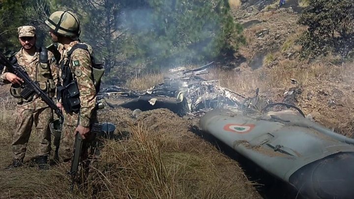 One of the pictures of a plane wreckage that Pakistani authorities released saying it belonged to a MiG-21 of the Indian Air Force (IAF) that was shot down by a Pakistan Air Force (PAF) fighter jet over the line of control (LoC) in Kashmir. MiG-21 wreckage