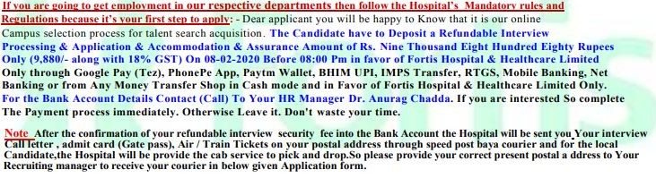 Text of the letter Fortis job scam