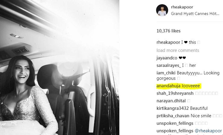 Anand Ahuja's comment on Sonam Kapoor's photo Sonam Kapoor, Anand Ahuja