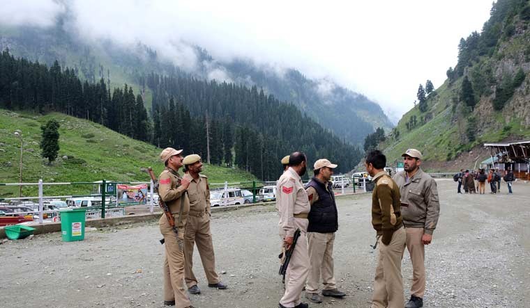Paramilitary personnel guarding a Amarnath Yatra base camp near Pahalgam. Amarnath yatra