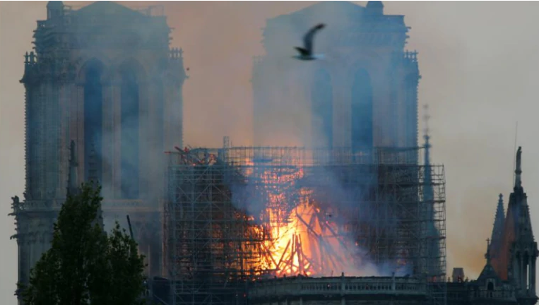 Fire fighters douse flames of the burning Notre Dame Cathedral in Paris, France on April 15. Notre Dame Cathedral