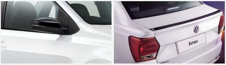 Volkswagen Ameo Pace gets glossy black ORVM caps and trunk lid spoiler. Volkswagen Ameo Pace