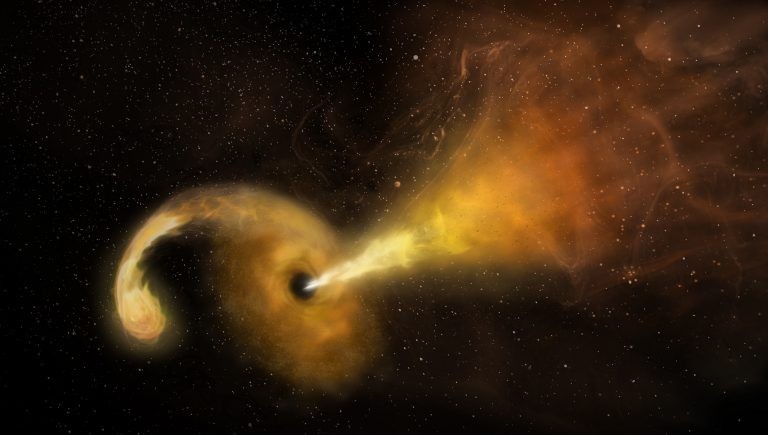 Artist's conception of a Tidal Disruption Event (TDE) -- a star being shredded by the powerful gravity of a supermassive black hole. Material from the star spirals into a disk rotating around the black hole, and a jet of particles is ejected Black hole eats star