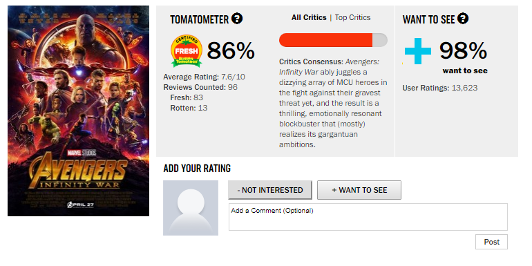 a rotten tomato review on avengers infinity war