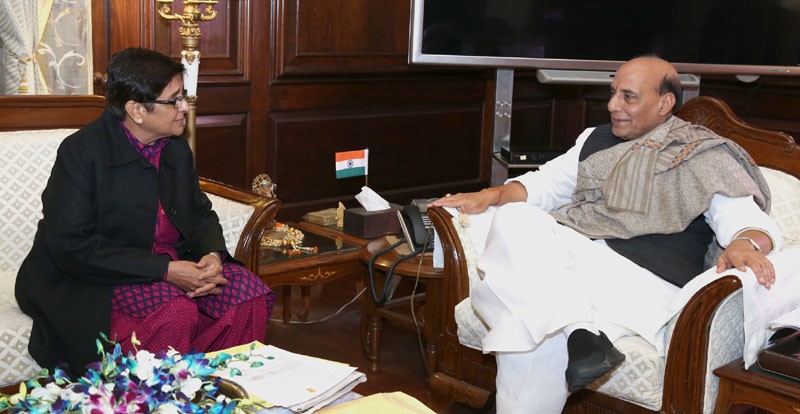 Delhi: Lieutenant-Governor Kiran Bedi (left) and Union Home Minister Rajnath Singh Kiran Bedi and Rajnath Singh