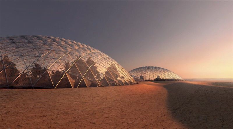 Artists' interpretation of what the Mars research facility will look like once construction is completed in the desert Dubai Mars City