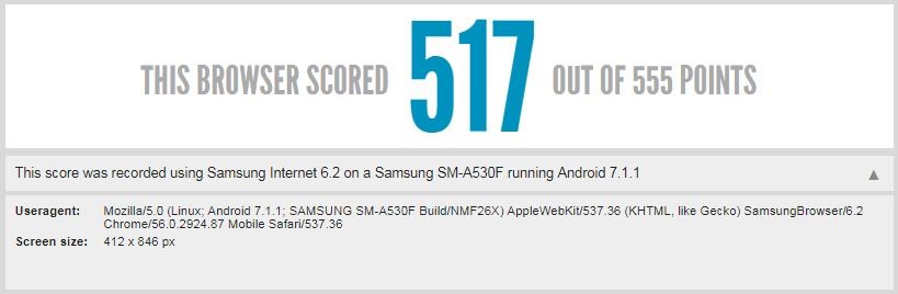 The listing on the HTML5 Test website confirms 18.5:9 aspect ratio for Samsung Galaxy A5 (2018). Galaxy A5 (2018) leak