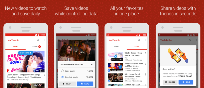 YouTube Go app features trending and popular videos based on the user's area. YouTube Go