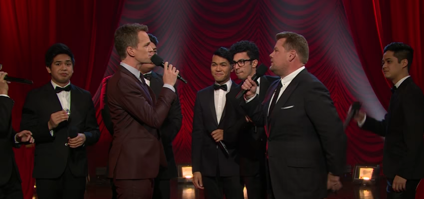 Screenshot of the Riff-Off battle between Neil Patrick Harris (L) and James Corden James corden Neil Patrick Harris