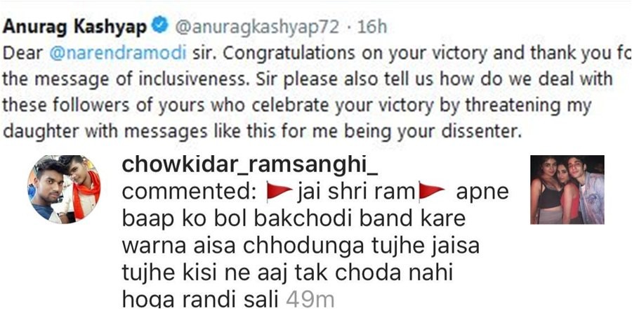 A screenshot of Anurag Kashyap's Twitter post and rape threat to his daughter A screenshot of Anurag Kashyap's Twitter post and rape threat to his daughter