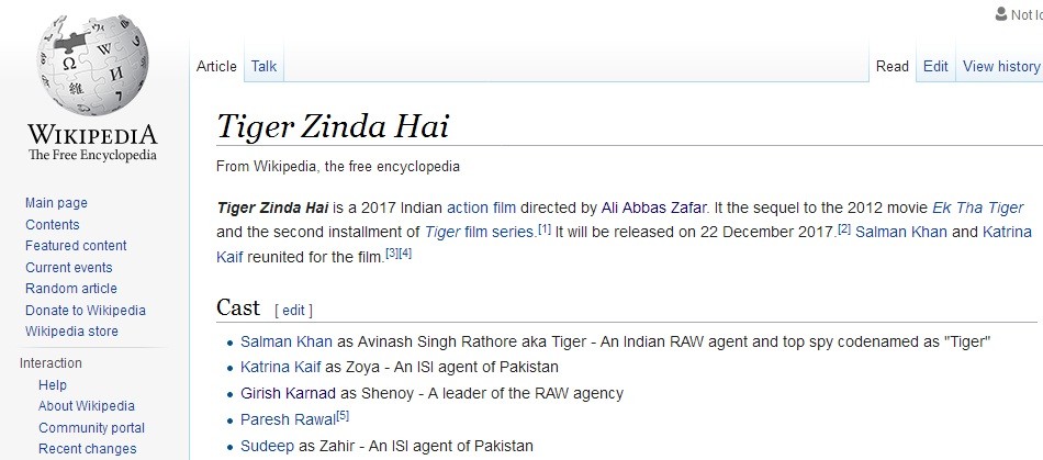 A Screen Shot of the Wikipedia page of Tiger Zinda Hai that claims Sudeep to be playing villain in Salman Khan's film. A Screen Shot of the Wikipedia page of Tiger Zinda Hai