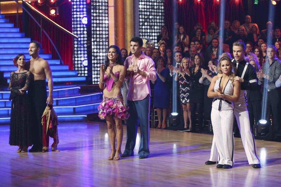 Publicity handout photo shows the three All-Stars women finalists and their professional dance partners Monaco and Chmerkovskiy, Rycroft and Dovolani along with Johnson and Hough, during the last night of Melissa Rycroft, Tony Dovolani