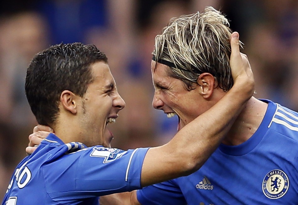Chelsea's Hazard celebrates with team mate Torres after scoring against Newcastle United during their English Premier League soccer match at Stamford Bridge in London Eden Hazard, Fernando Torres