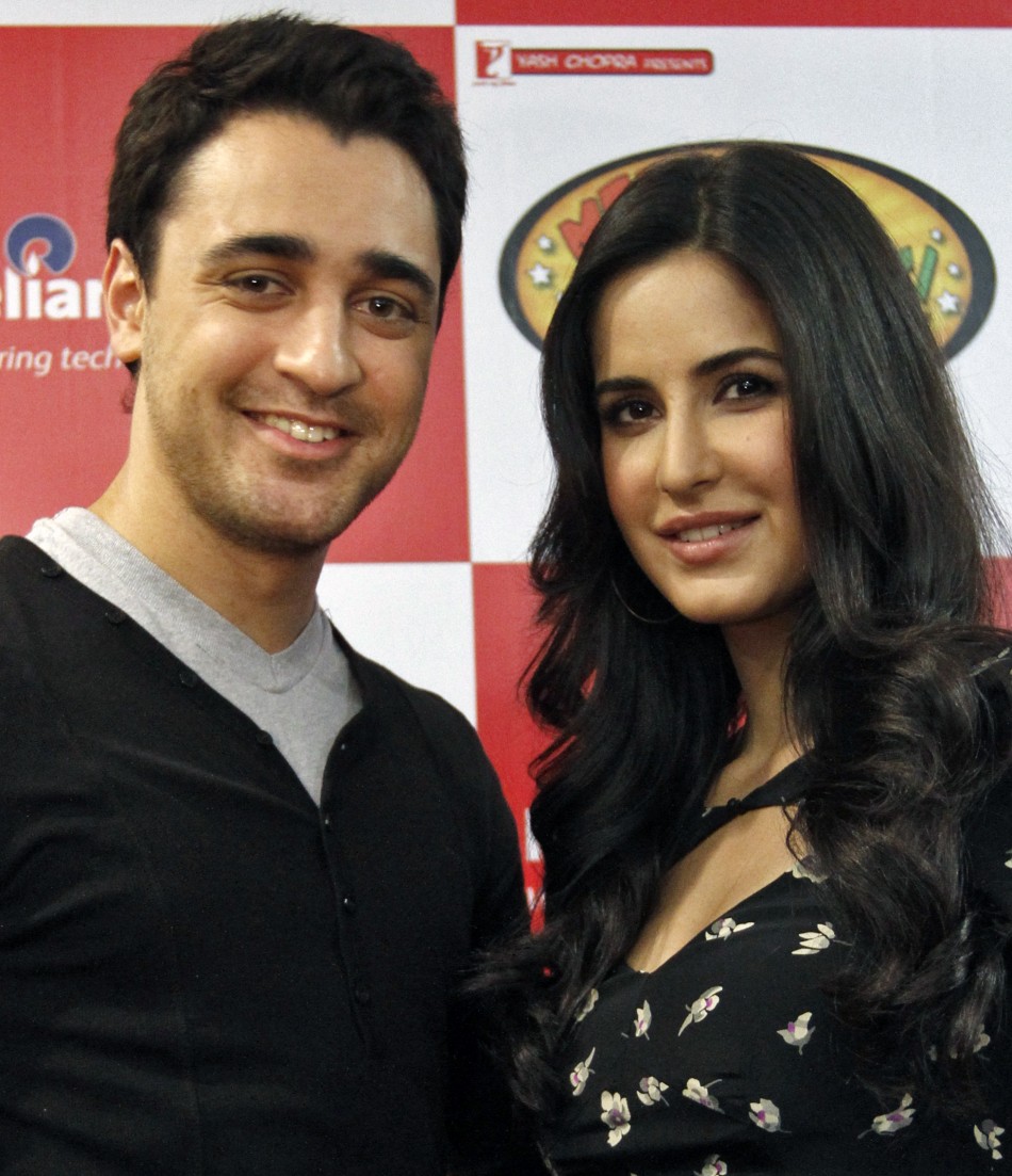 Bollywood actors Katrina Kaif (R) and Imran Khan pose during a promotional event for their movie Imran Khan and Katrina Kaif