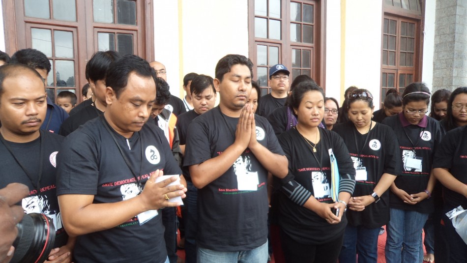 Agitators pray for good fortune, before launching a day-long fast at the Town Hall, Bangalore on Oct. 5, 2011. Irom Chanu Sharmila