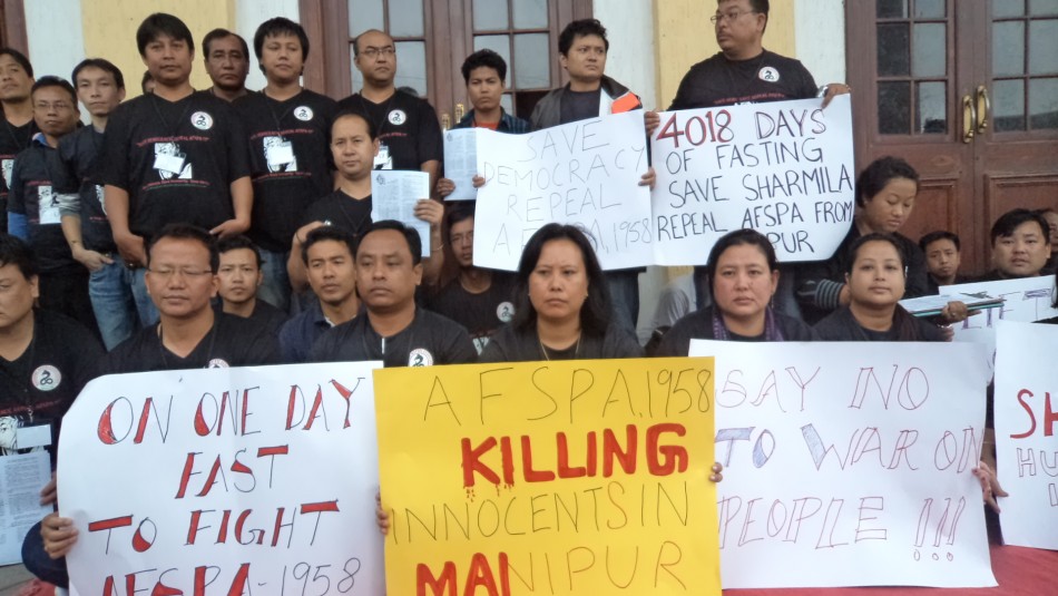 Agitators staged a day-long fast and silent sit-in, in support of Irom Chanu Sharmila's 11-year long fast against the Armed Forces Special Power Act (AFSPA) at the Town Hall, Bangalore on Oct. 5, 2011. Irom Chanu Sharmila