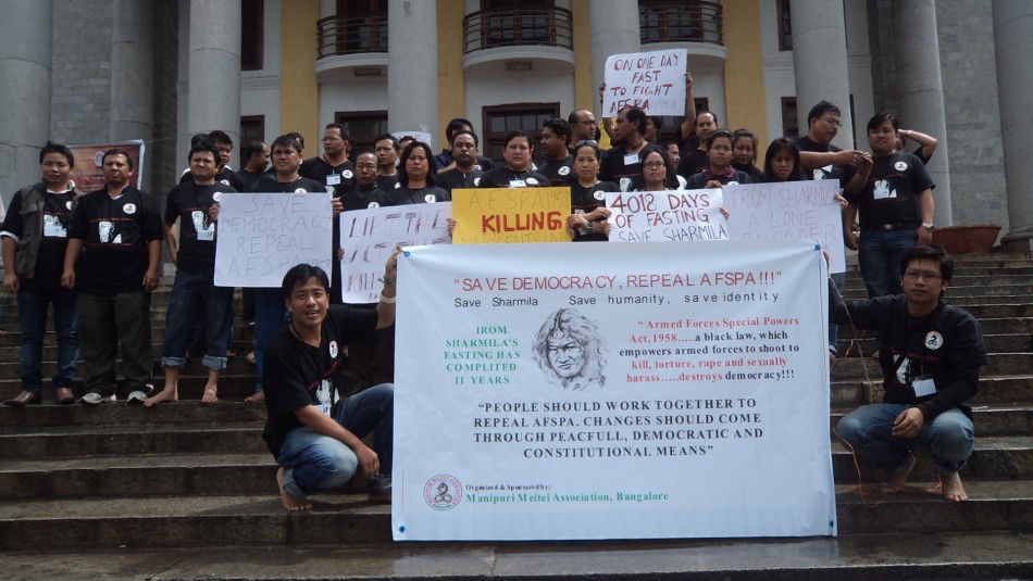 Agitators staged a day-long fast and silent sit-in, in support of Irom Chanu Sharmila's 11-year long fast against the Armed Forces Special Power Act (AFSPA) at the Town Hall, Bangalore on Oct. 5, 2011. Irom Chanu Sharmila