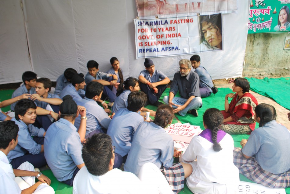 Agitators staged a day-long fast and silent sit-in, in support of Irom Chanu Sharmila's 11-year long fast against the Armed Forces Special Power Act (AFSPA) at Jantar Mantar, New Delhi on Oct. 5, 2011. Irom Chanu Sharmila