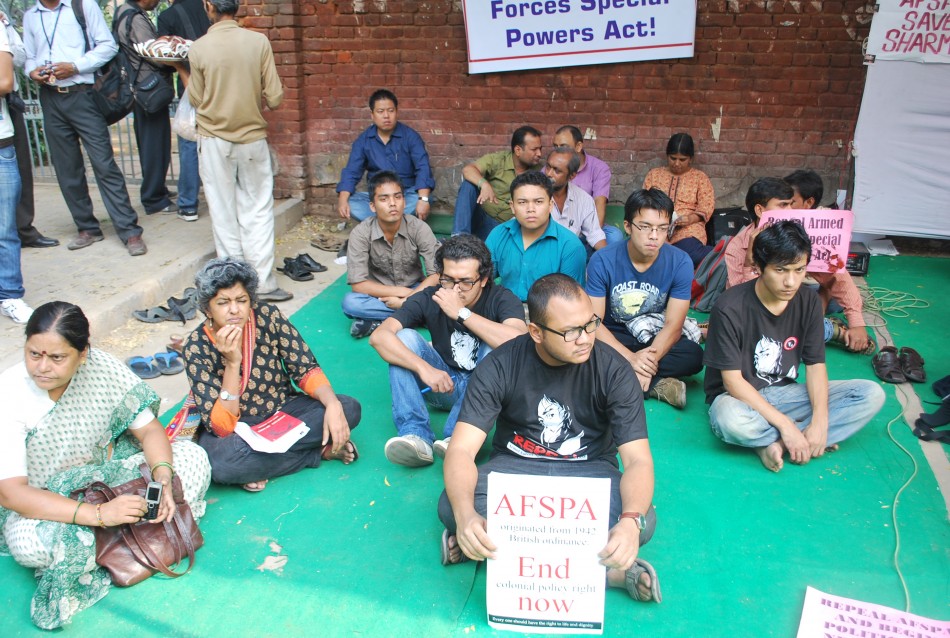 Agitators staged a day-long fast and silent sit-in, in support of Irom Chanu Sharmila's 11-year long fast against the Armed Forces Special Power Act (AFSPA) at Jantar Mantar, New Delhi on Oct. 5, 2011. Irom Chanu Sharmila