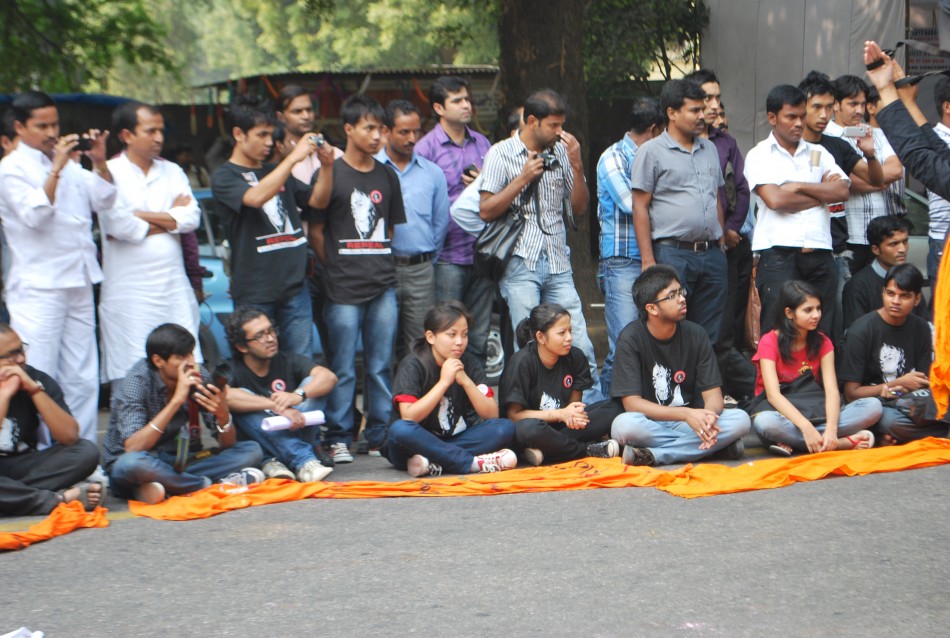 Agitators staged a day-long fast and silent sit-in, in support of Irom Chanu Sharmila's 11-year long fast against the Armed Forces Special Power Act (AFSPA) at Jantar Mantar, New Delhi on Oct. 5, 2011. Irom Chanu Sharmila