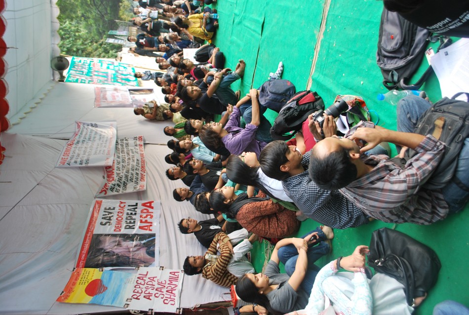 Agitators staged a day-long fast and silent sit-in, in support of Irom Chanu Sharmila's 11-year long fast against the Armed Forces Special Power Act (AFSPA) at Jantar Mantar, New Delhi on Oct. 5, 2011. Irom Chanu Sharmila