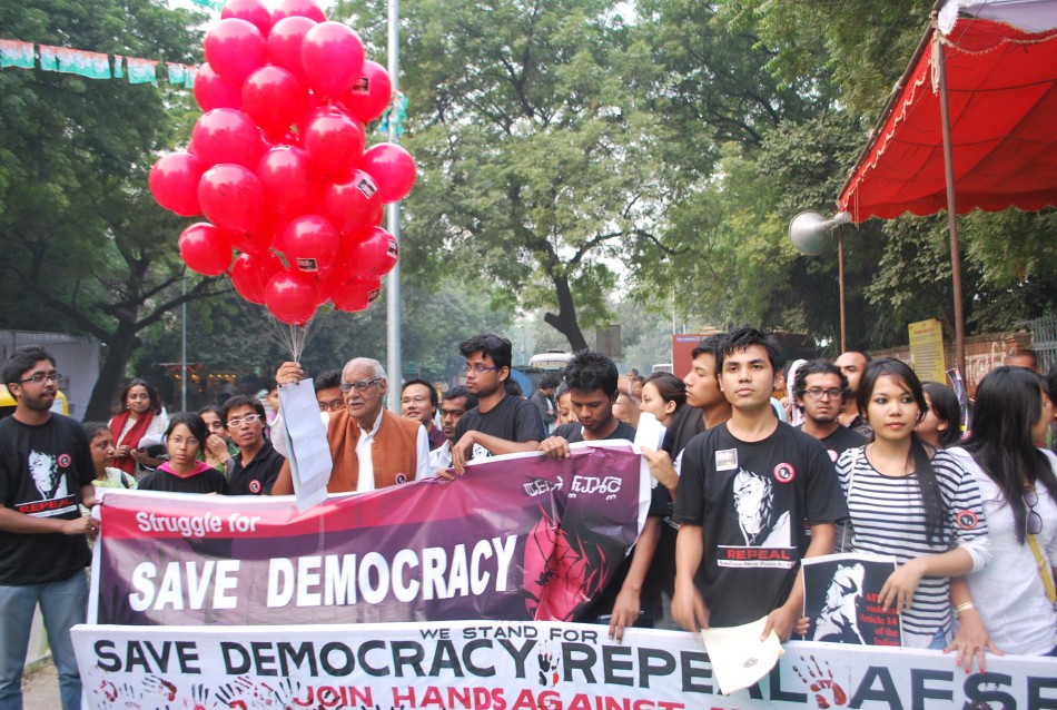Agitators staged a day-long fast and silent sit-in, in support of Irom Chanu Sharmila's 11-year long fast against the Armed Forces Special Power Act (AFSPA) at Jantar Mantar, New Delhi on Oct. 5, 2011. Irom Chanu Sharmila