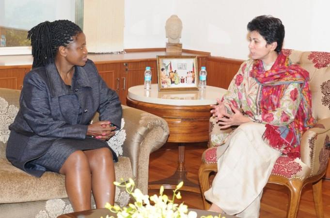 The Deputy Minister of South Africa, Zou Kota-Fredricks(L) calls on the Union Minister for Housing and Urban Poverty Alleviation and Culture, Kumari Selja, in New Delhi on January 23, 2012. Zou Kota-Fredricks, Kumari Selja