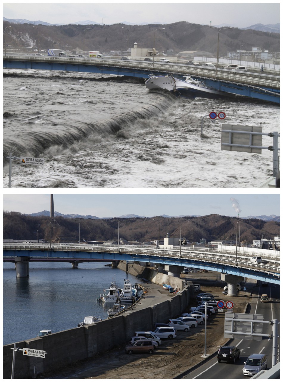 A combination photograph shows the same location on two different dates in Miyako, Iwate Prefecture, northeastern Japan