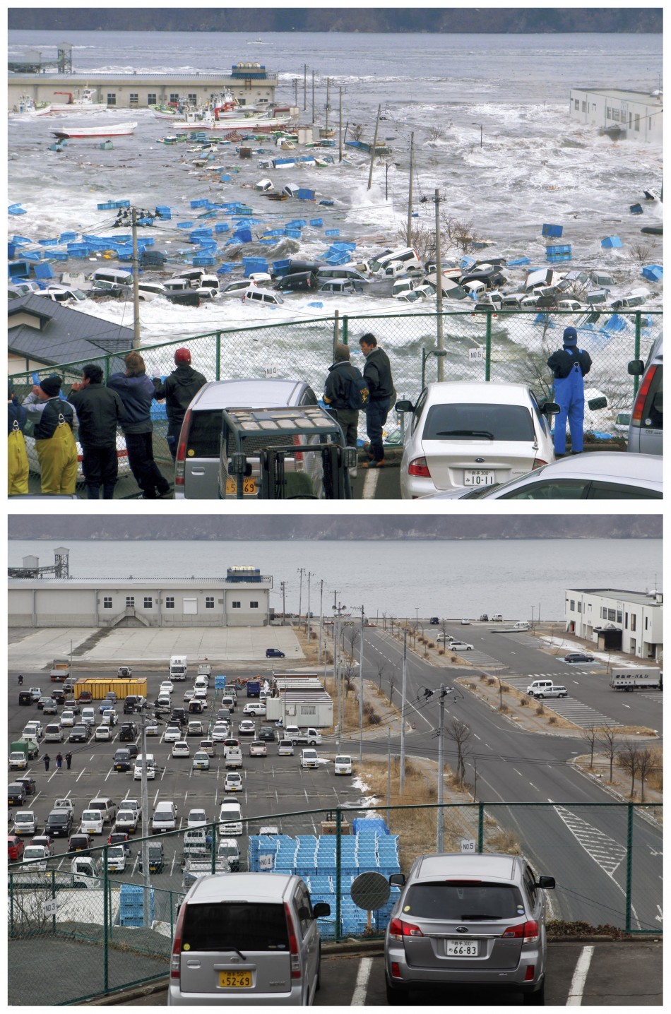 A combination photograph shows the same location on two different dates in Miyako, Iwate Prefecture, northeastern Japan